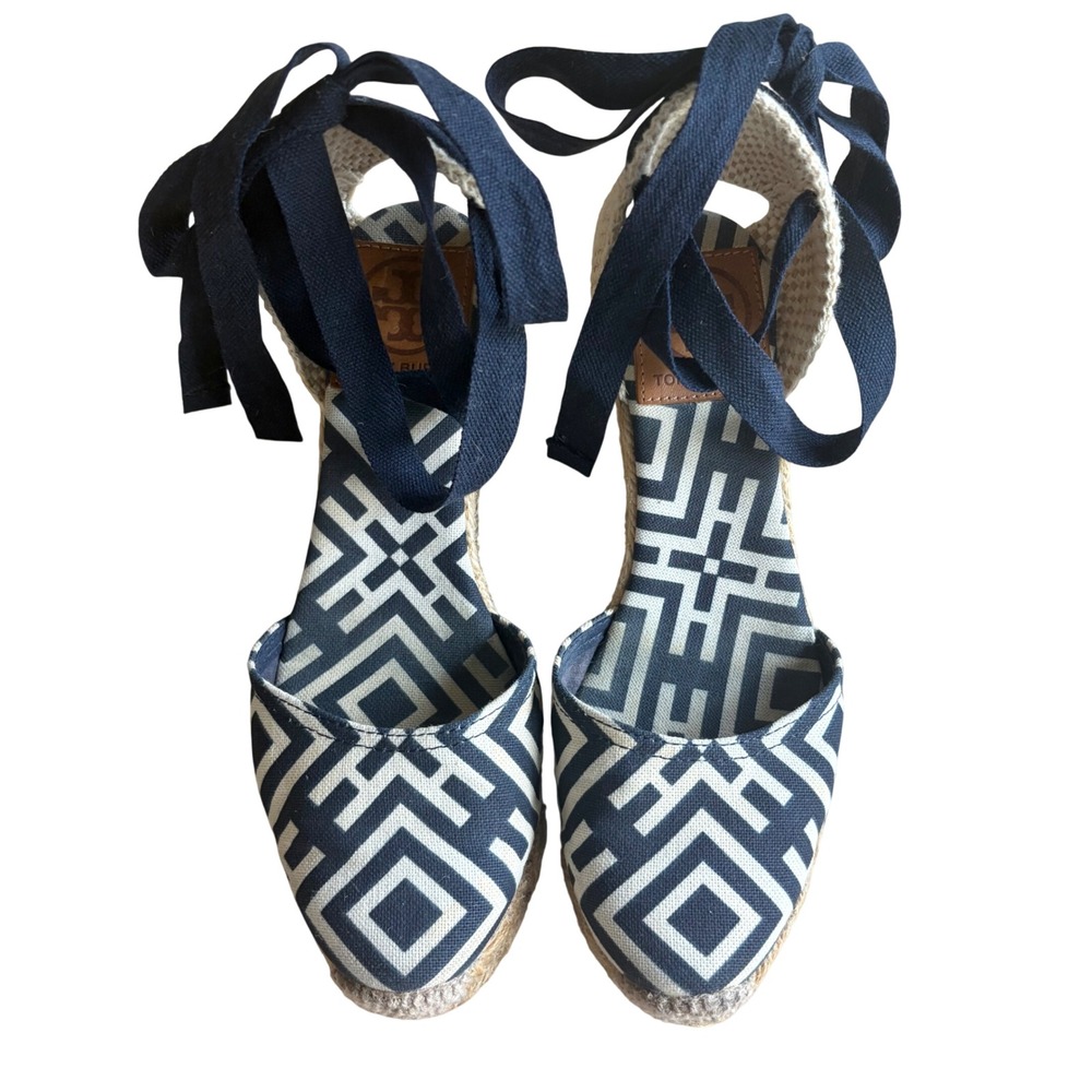 $248 TORY BURCH Ines Wedge Espadrille Navy Geometric Sandal Ankle Tie EU35;US5